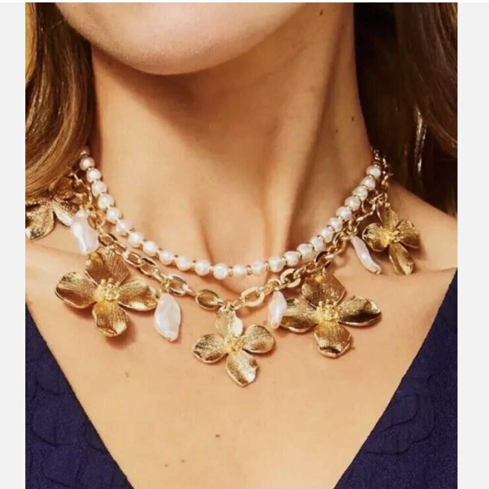 Lilly Pulitzer Necklace Via Flora Gold Metallic And Faux Pearls
